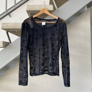 Versace Vintage Black Lace Mesh Long Sleeve Top Size XL Floral Design